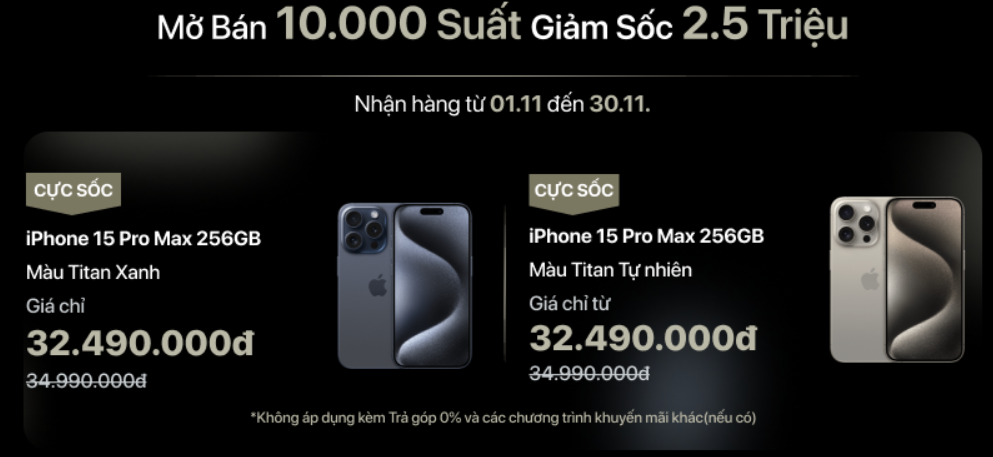 iPhone 15 Pro Max 256GB giá tốt, trả góp 0%, ưu đãi mỗi ngày
