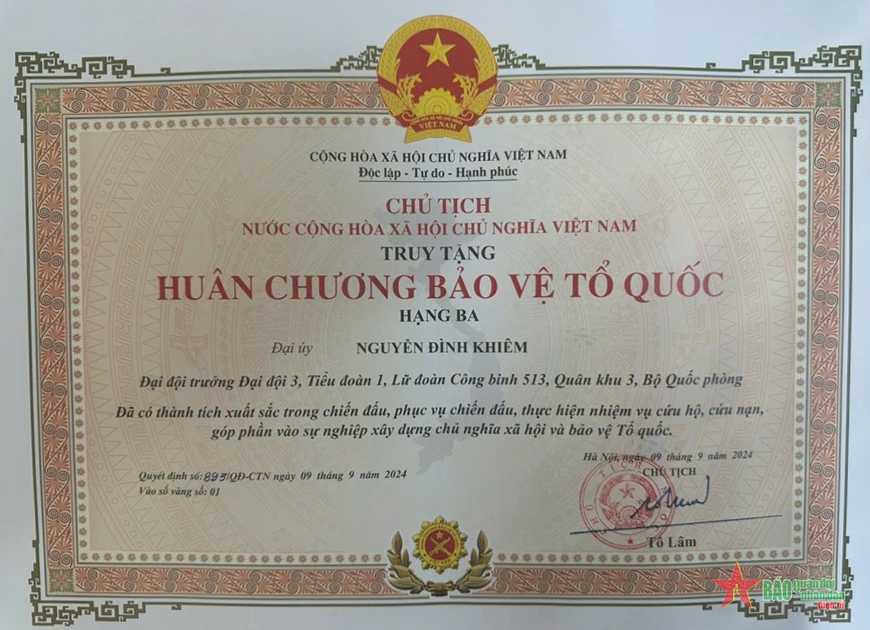 Chủ tịch nước truy tặng Huân chương Bảo vệ Tổ quốc hạng Ba cho quân nhân hy sinh khi chống bão số 3