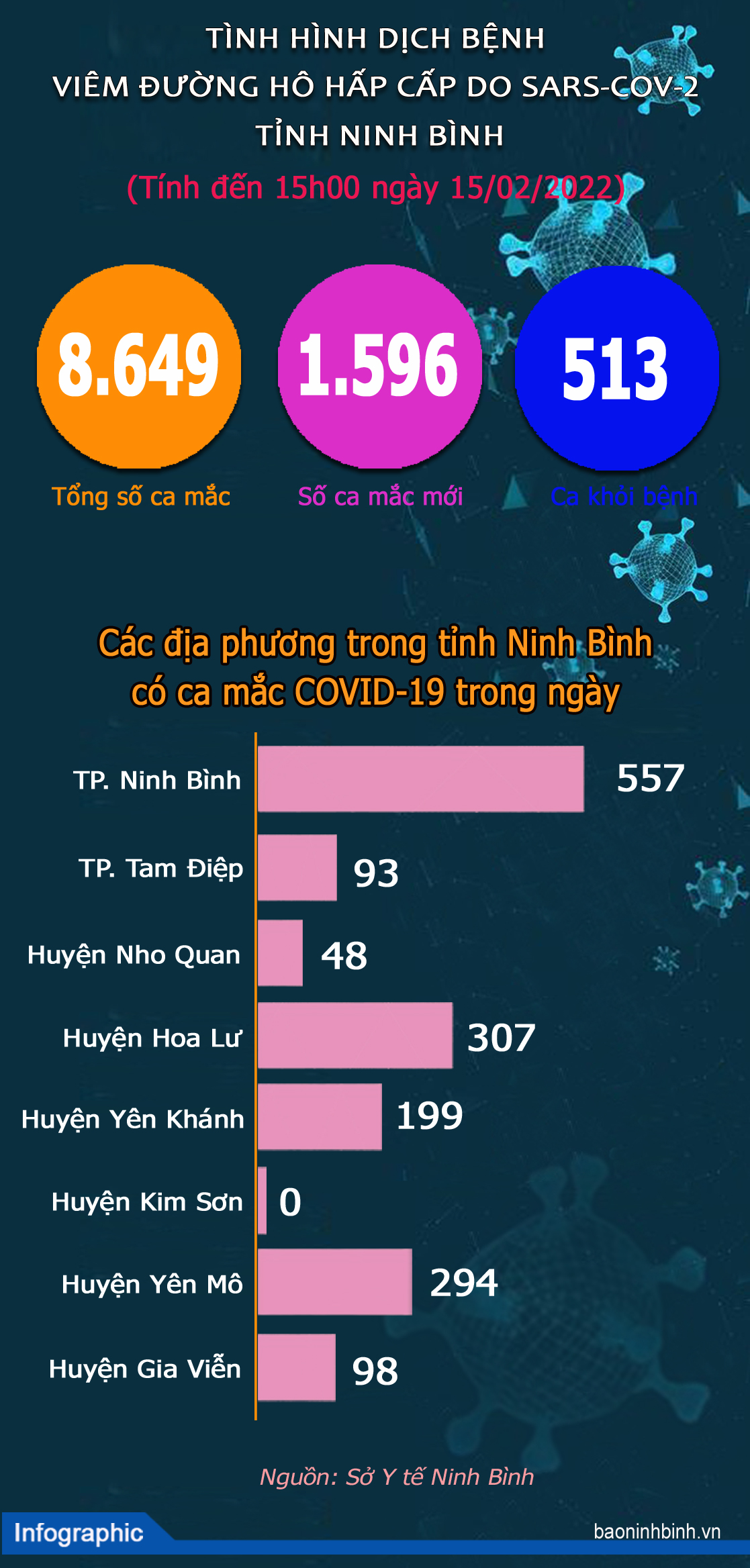 [Infographics] Ngày 15/2, tỉnh Ninh Bình ghi nhận 1.596 ca mắc mới COVID-19