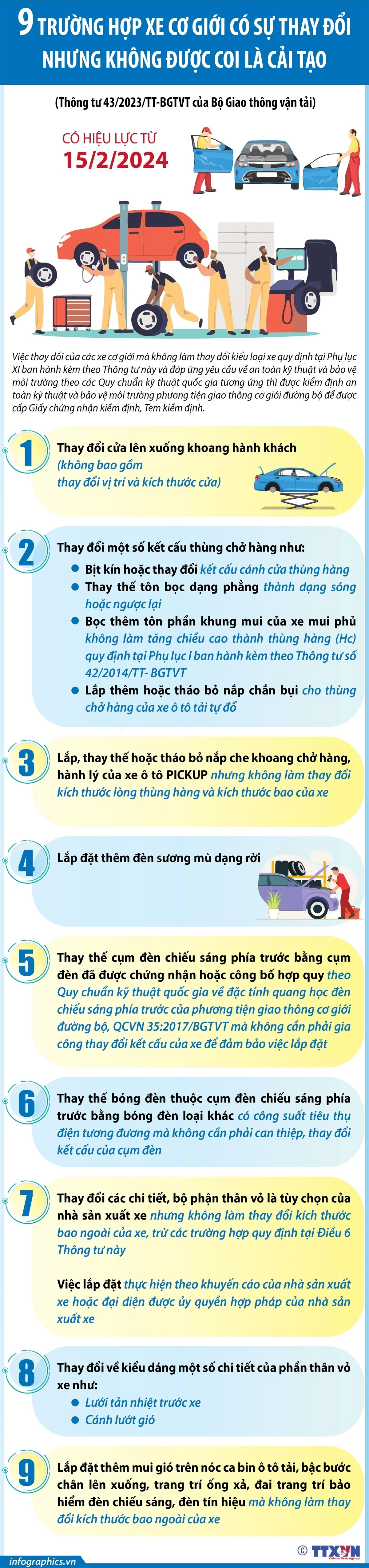 [Infographics] 9 trường hợp xe cơ giới có sự thay đổi nhưng không được coi là cải tạo