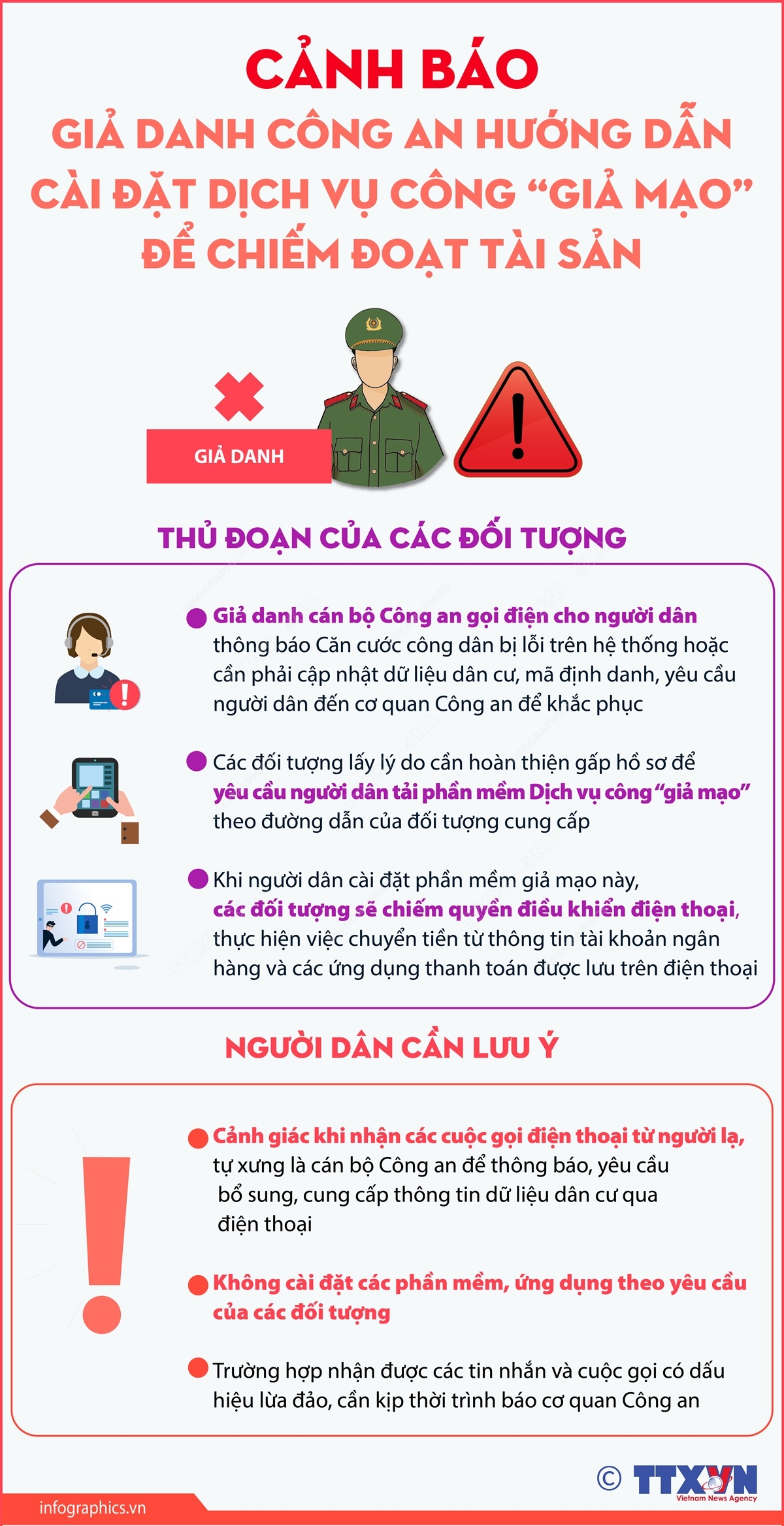 [Infographic] Cảnh báo giả danh Công an hướng dẫn cài đặt Dịch vụ công để chiếm đoạt tài sản