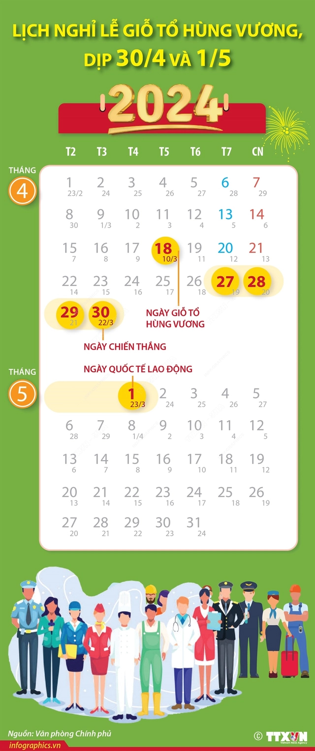 Lịch nghỉ lễ dịp Giỗ Tổ Hùng Vương và 30/4 - 1/5 năm 2024