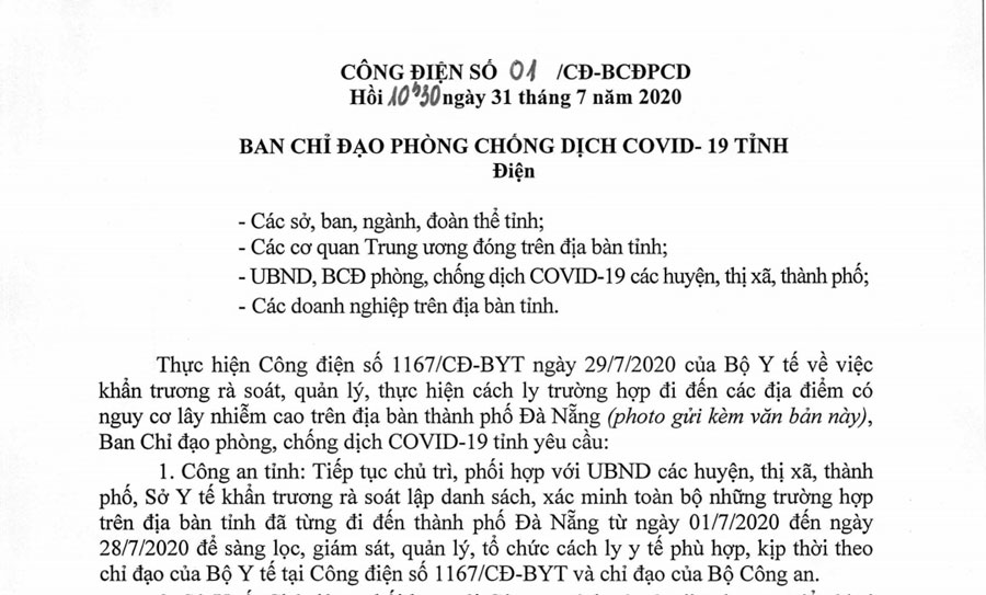 Công điện của Ban chỉ đạo phòng, chống dịch Covid-19 tỉnh