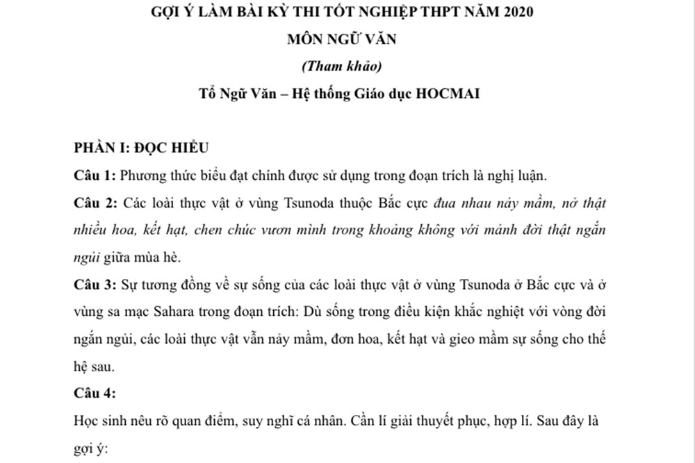 Gợi ý đáp án bài thi Ngữ văn, kỳ thi Tốt nghiệp Trung học phổ thông