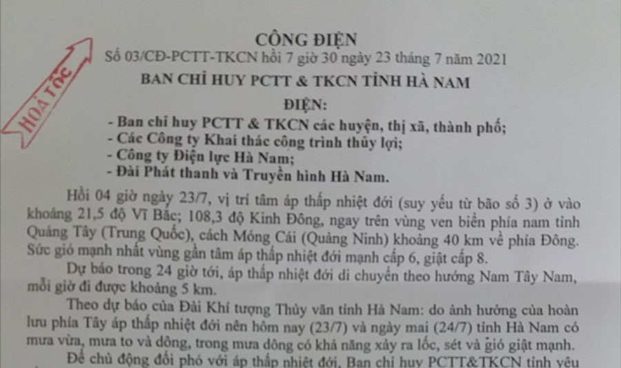 Công điện của Ban Chỉ huy PCTT&TKCN tỉnh đối phó với áp thấp nhiệt đới