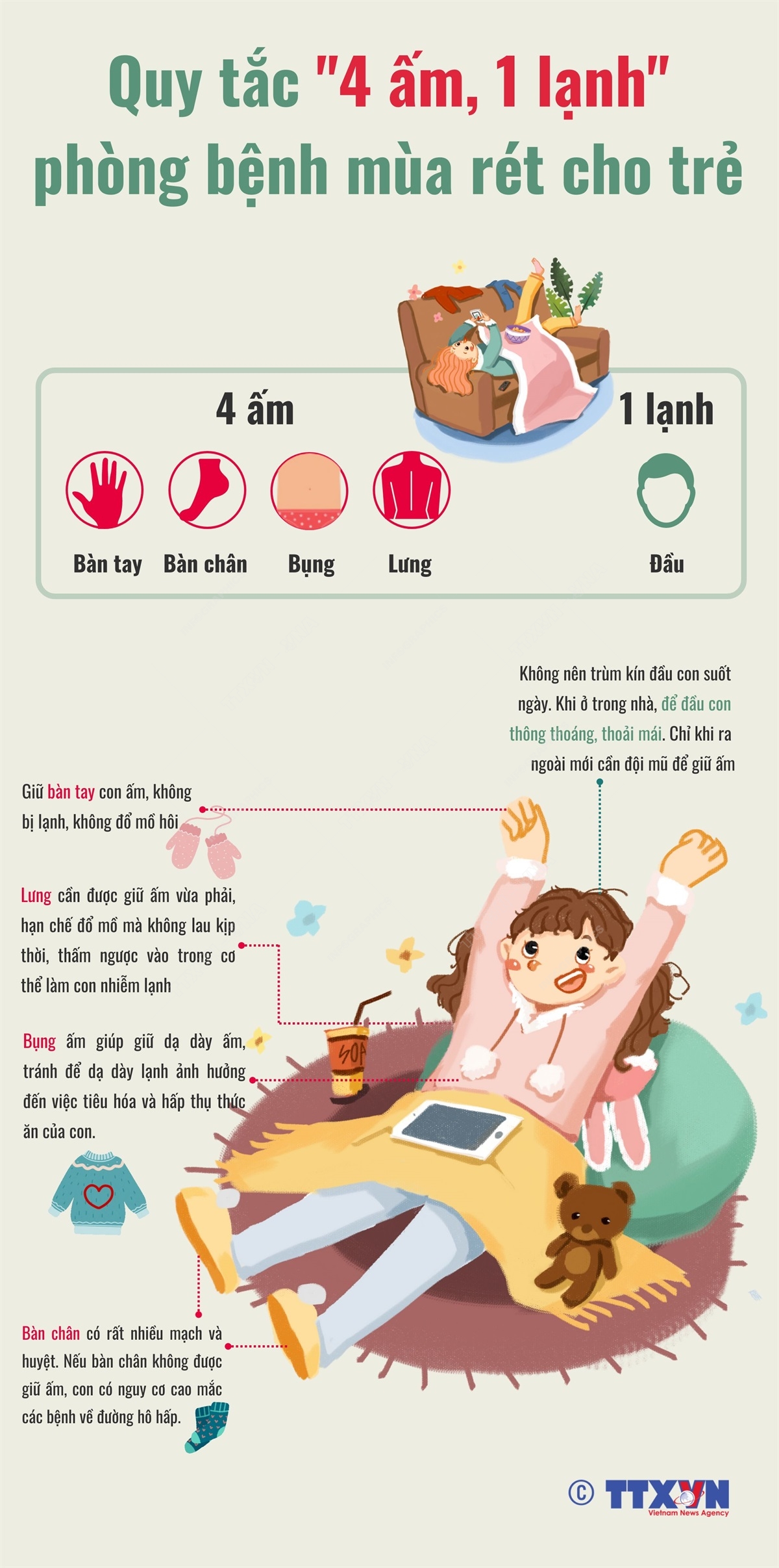 Quy tắc '4 ấm, 1 lạnh' phòng bệnh mùa rét cho trẻ
