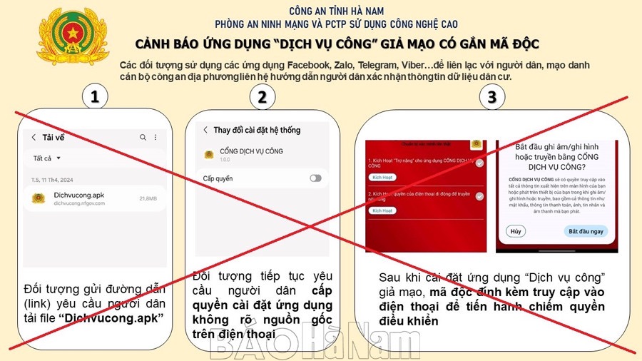 Cảnh giác với thủ đoạn mạo danh cán bộ Công an lừa đảo cài đặt ứng dụng “Dịch vụ công” giả mạo để chiếm đoạt tài sản