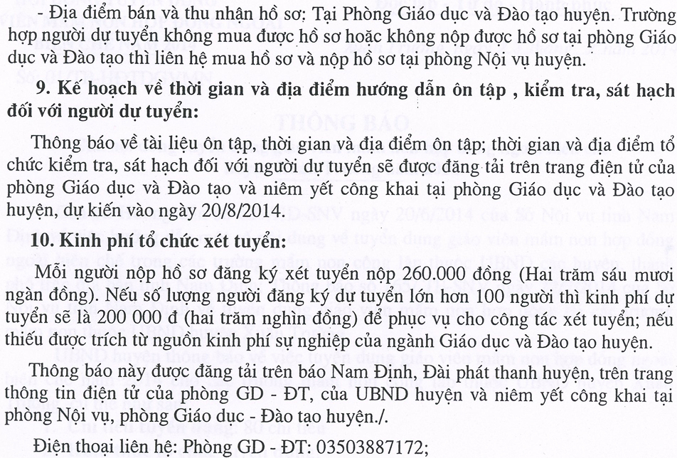 Thông báo tuyển dụng giáo viên mầm non hợp đồng ngoài biên chế huyện Xuân Trường năm 2014