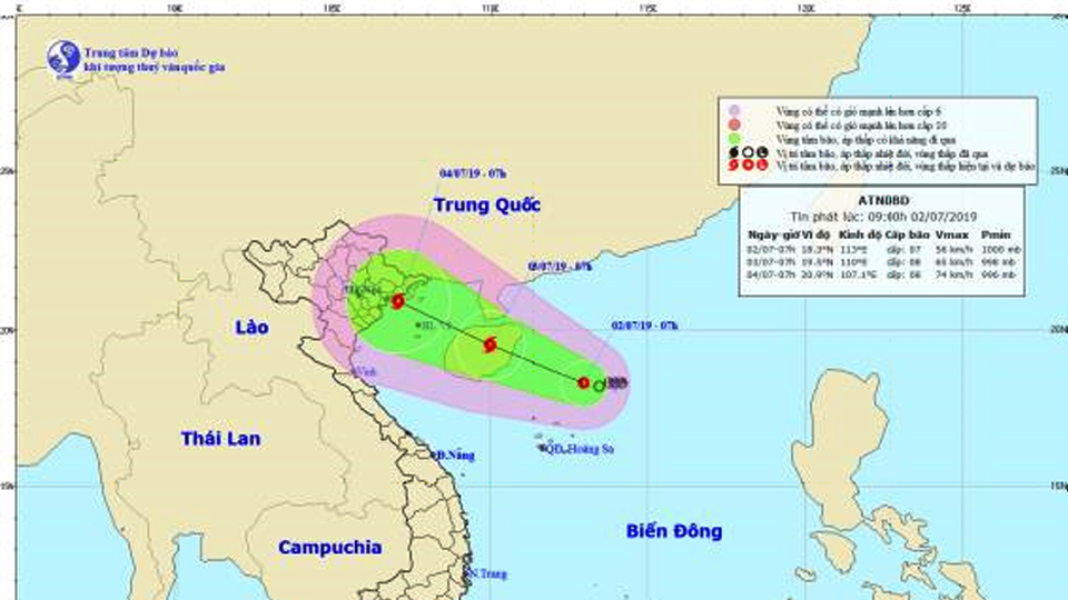TIN VỀ VÙNG ÁP THẤP TRÊN BIỂN ĐÔNG LÚC 7 GIỜ NGÀY 2-7-2019