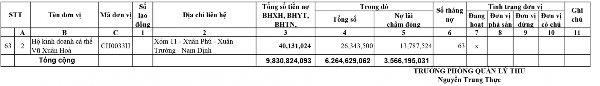 Danh sách chi tiết đơn vị có số nợ BHXH, BHYT, BHTN, BHTNLĐ, BNN từ tháng 12 trở lên